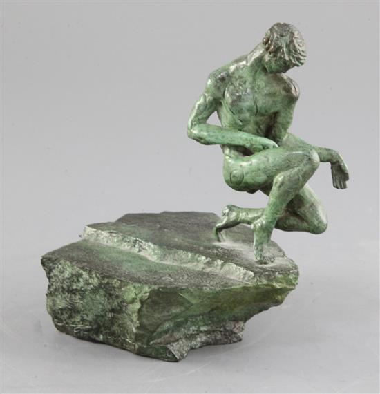 Tom Merrifield (1933-). A bronze model of a nude crouched upon a rock, Faune in Minature 1987 height 6.5in.